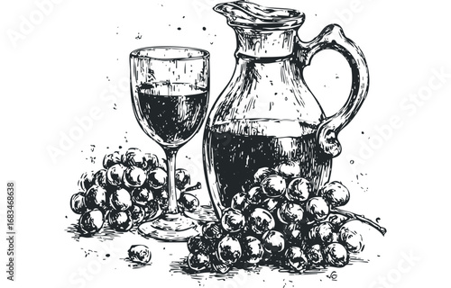 Sketch of wine glass pitcher and grapes. Vector hand drawn illustration