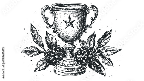 Vintage Award Trophy with Star and Laurel Accents on Transparent Background. Vector hand drawn illustration