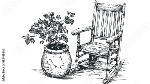 Pen and ink sketch of a vintage wooden rocking chair and a potted plant. Vector hand drawn illustration
