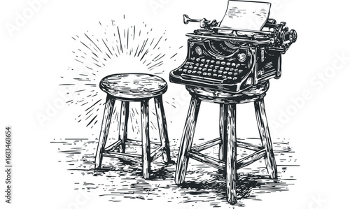 Vintage typewriter on wooden stool with radiating lines. Vector hand drawn illustration