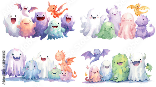 Adorable watercolor illustration of cute ghosts, dragons, and fantasy creatures in pastel colors. Fun kawaii style for playful and magical designs.