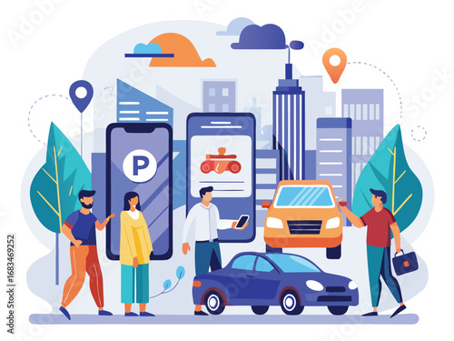 Modern city life people using mobile apps for navigation and transportation services