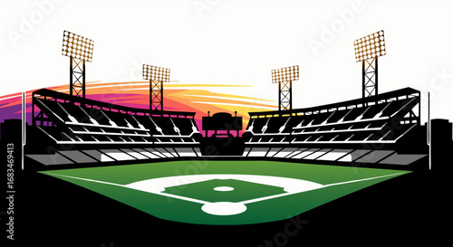 Vector SVG Illustration of Stadium with Floodlights in Modern Flat Design Featuring Bright Colors for Sports Digital Media