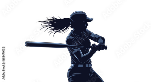Vector SVG Illustration of Female Baseball Player in Flat Modern Style with Dark Blue Monochrome Palette
