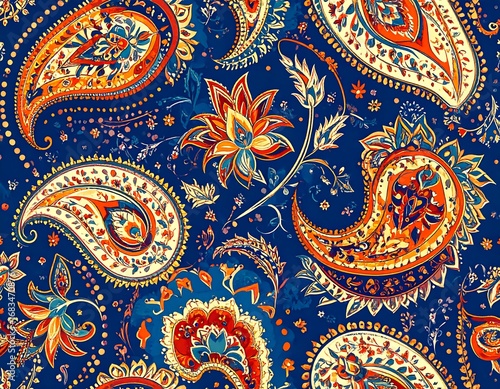 Vibrant paisley pattern design in rich colors showcases intricate details on a deep blue background.