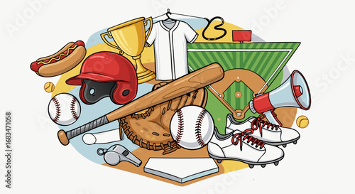 Vector Sports Equipment SVG Icon Set with Baseball Bat Ball Helmet and Cleats in Modern Flat Style