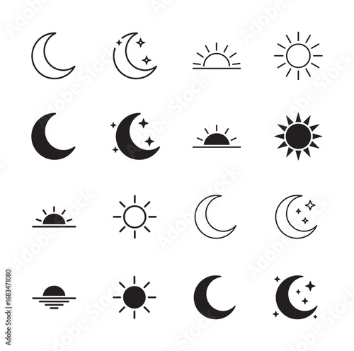 Sun and Moon Vector Icon Set Day Night Sunrise Sunset Symbols