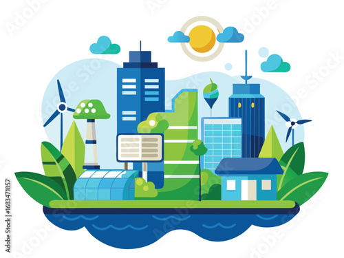 Eco-friendly smart city concept with sustainable buildings renewable energy and lush greenery
