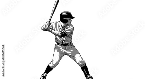 Minimalist Vector SVG Illustration of Baseball Player with Bat in Modern Flat Style Featuring Black White Gray Colors