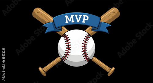 Sports Icon Vector SVG Illustration Featuring Baseball Bat and Ball in Flat Modern Style with Blue MVP Banner