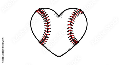 Vector Minimalist SVG Illustration of Heart-Shaped Baseball in Flat Design Style with Red Stitching and Black Outline