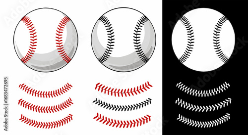 Vector Sports Baseball SVG Icon Set with Realistic and Minimalist Style in Red, Black, and White Colors