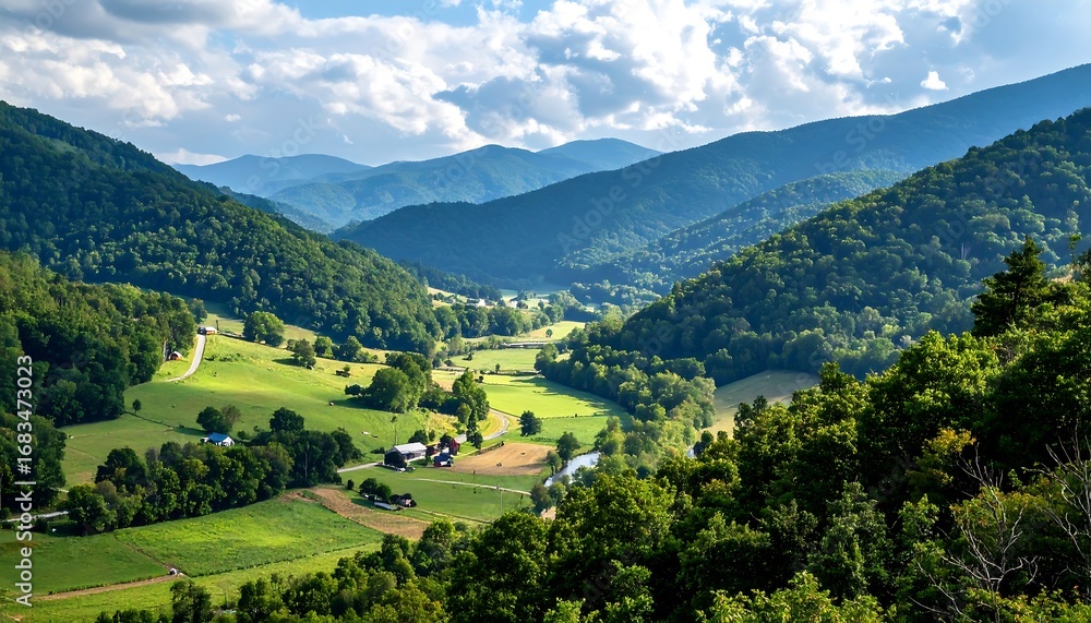 Fototapeta premium A tranquil valley nestled amongst rolling hills, showcasing lush green meadows and forested slopes under a partly cloudy sky.