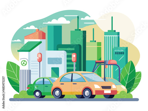 Modern electric cars charging in a vibrant cityscape environment with green trees