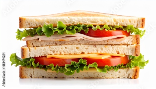 Classic club sandwich with turkey, cheese, lettuce, and tomato on toasted white bread, isolated on a white background.