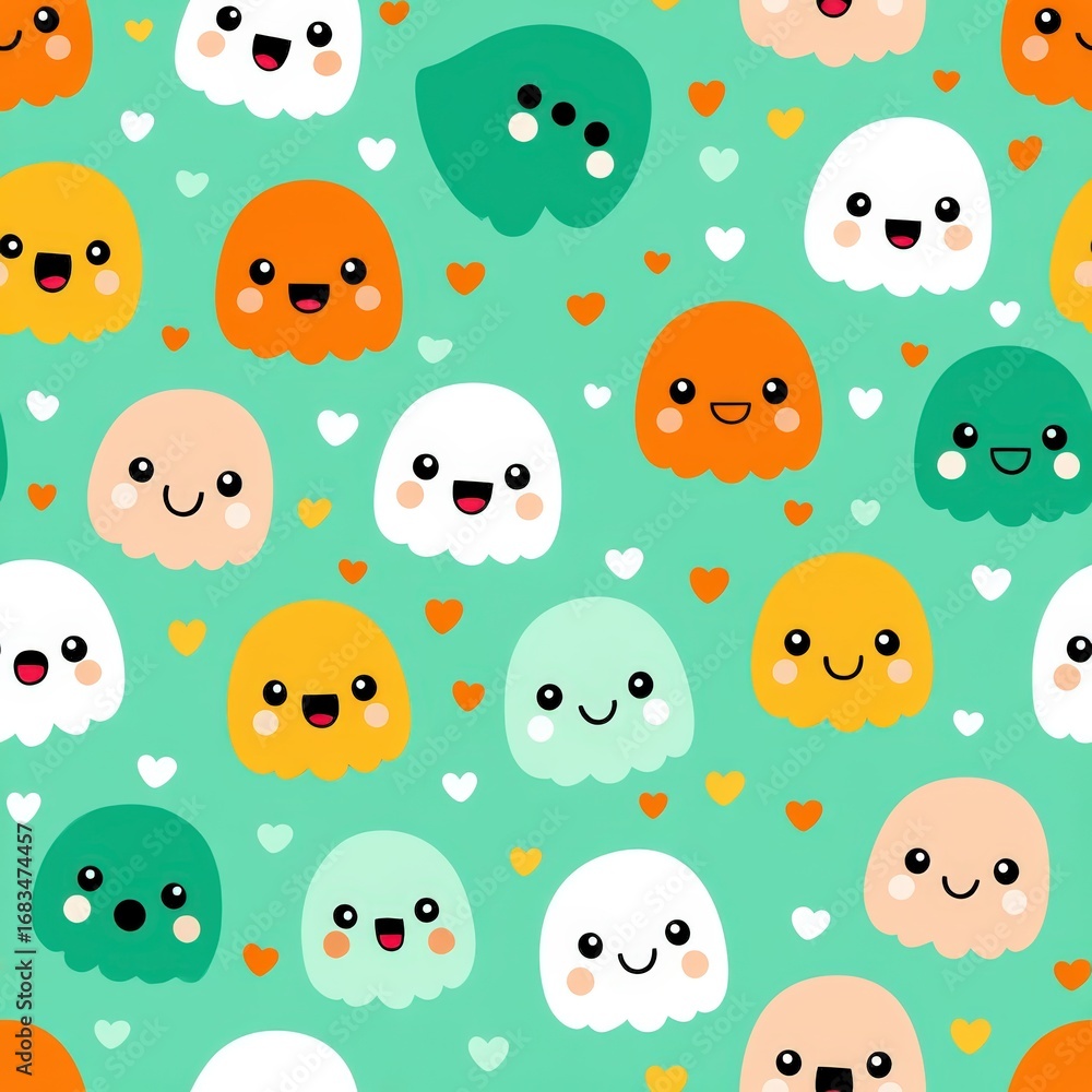 Fototapeta premium Cute Ghost Characters with Colorful Hearts on a Green Background