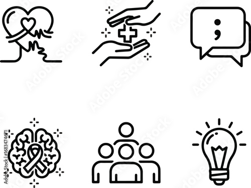 Monochrome Vector Icon Pack for Mental Health Awareness and Suicide Prevention