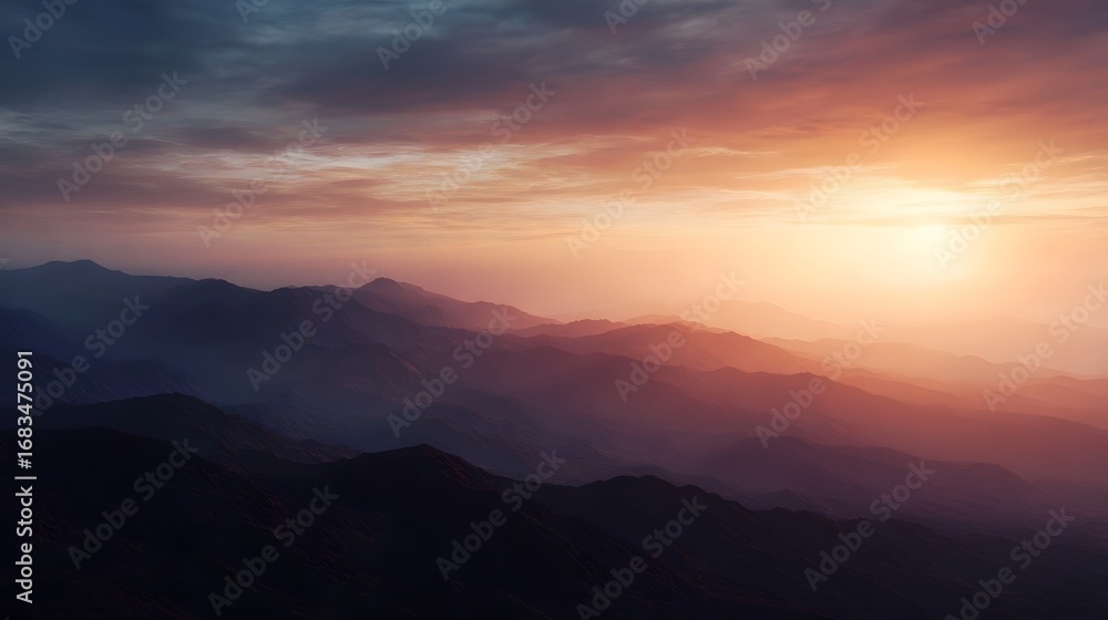 Obraz premium Golden hour light bathes a majestic mountain range at sunset or sunrise creating a serene and colorful landscape with layered peaks and a vibrant sky
