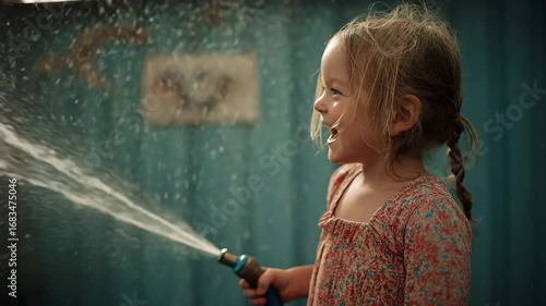As she uses the water hose to squirt herself, the toddler laughs.