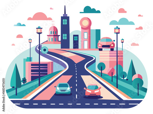 Futuristic cityscape with elevated highways and modern vehicles