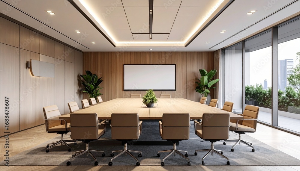Fototapeta premium Modern, spacious conference room with a large wooden table, brown chairs, a projection screen, and floor-to-ceiling windows offering city views.