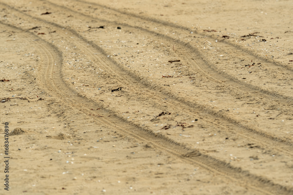 Naklejka premium Tire tracks crossing sandy beach leaving trails in the sand