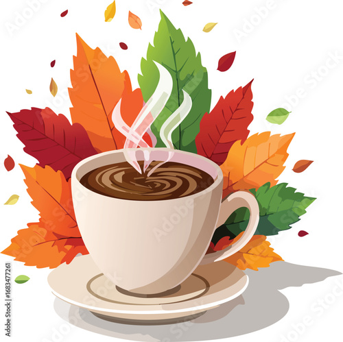 Coffee cup with steam shaped like autumn leaves