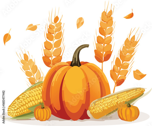 Harvest festival scene with corn, pumpkins, and hay