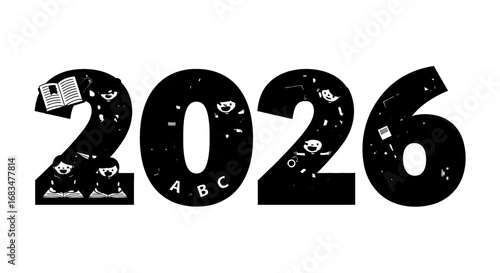School children learning and reading books inside the numbers 2026, celebrating education and new beginnings for the upcoming school year