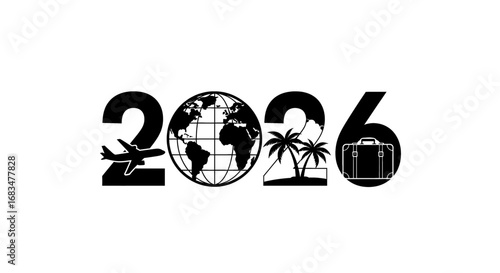 Year 2026 travel plans with airplane, globe, palm trees, and suitcase, representing global adventures and vacation goals