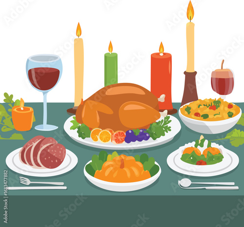 Thanksgiving dinner table with food and candles 