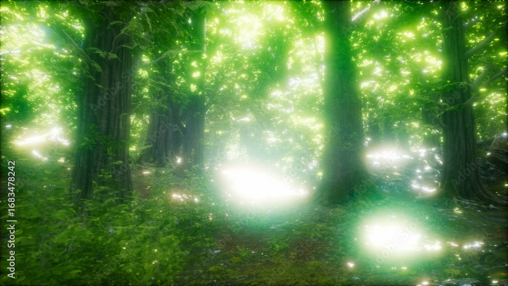 Obraz premium Sunlight filters through the dense canopy of leaves, creating a mystical glow in this enchanting forest. Soft beams dance around the trees, highlighting the lush greenery and spirit of nature.