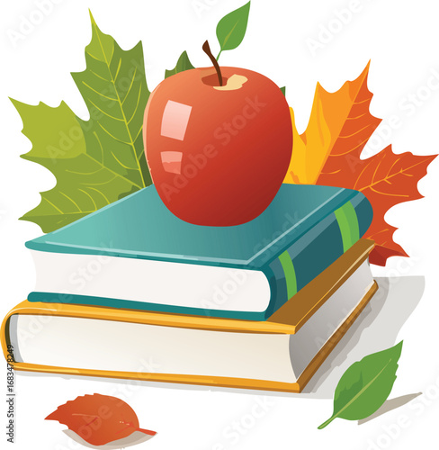 School books, apple, and leaves for back-to-school fall theme