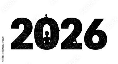 Embrace calm and wellness in the new year with these serene yoga poses and lotus flowers forming the numbers 2026 for a mindful journey ahead.