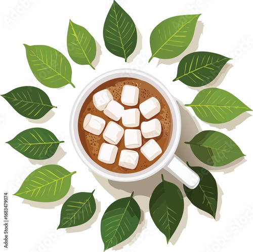 Hot chocolate with marshmallows surrounded by leaves