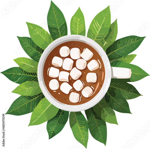 Hot chocolate with marshmallows surrounded by leaves
