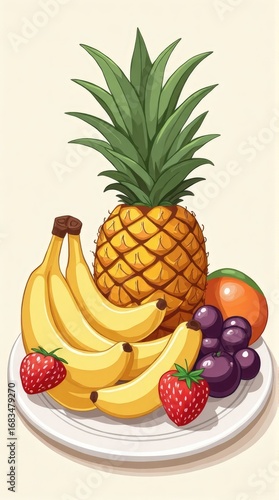 fruit plate: bananas, pineapple, grapes, strawberries clip art preview
