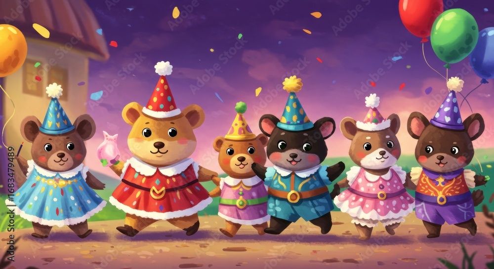 Fototapeta premium Animated bears in hats and costumes celebrate with balloons against a twilight sky and blurred home backdrop