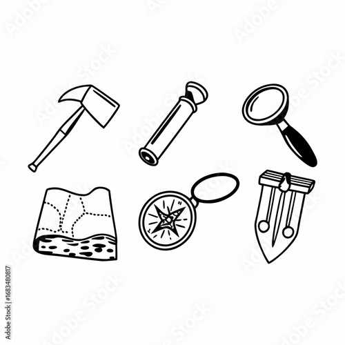 Archaeological exploration tools and ancient maps in vector style