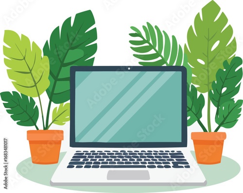 Remote work - work from home flat illustration with laptop and plants 