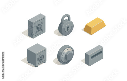 isometric icon items isolated on white background vault door round lock cash bar safe box combo dial deposit slot