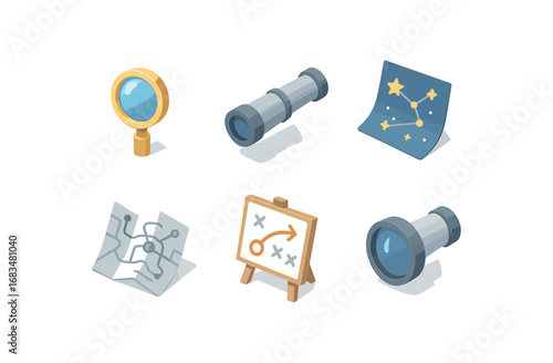 isometric icon items isolated on white background visionary lens telescope tube chart future map plan board dream scope