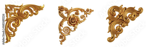 A set of three isolated golden rococo and baroque style corner design elements with ornate swirls and flourishes for vintage decoration