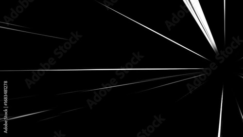 Side perspective speed lines seamless loop animation with white abstract lines on black background. 4K animated for action scene transitions, comic style effects, motion graphics, and video editing.