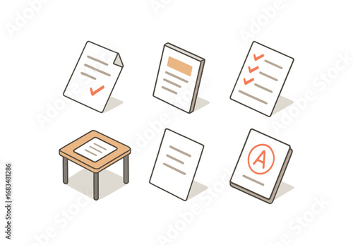 isometric icon items isolated on white background assignment file homework page report note duty line project grade book. isometric icon items isolated on white background class assignment