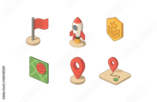 isometric icon items isolated on white background mission flag rocket launch soldier badge map goal pin quest path