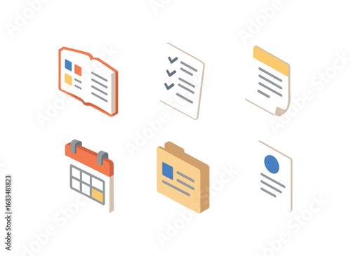 isometric icon items isolated on white background course program class list seminar note schedule slot event file topic