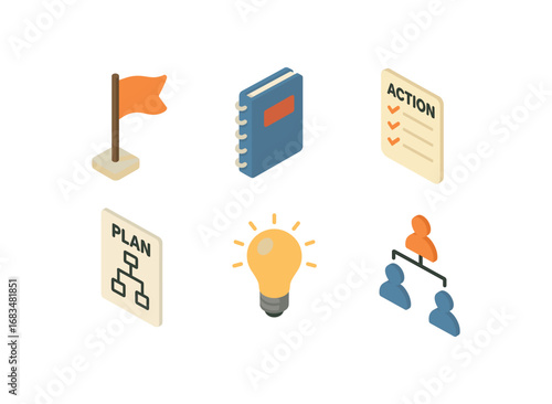 isometric icon items isolated on white background initiative flag project action note plan sheet new idea group chart