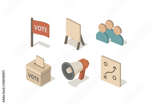 isometric icon items isolated on white background campaign flag poster board group line vote box megaphone plan sheet