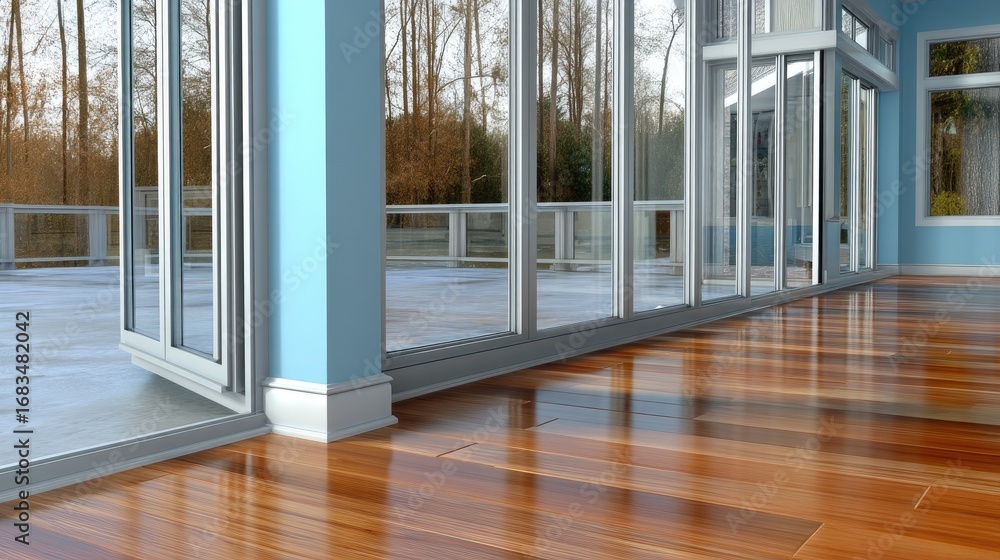 Fototapeta premium Bright and spacious interior with hardwood flooring and large windows overlooking a serene outdoor area in a contemporary style